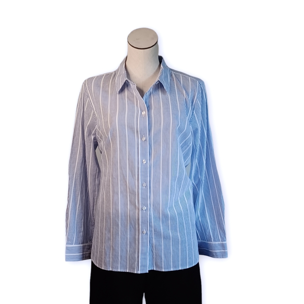 TALBOTS • XL Petite • striped long sleeve button down blouse blue white women's